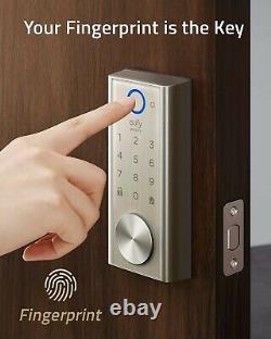 Eufy Smart Door Lock Wi-Fi Fingerprint Keyless Bluetooth Electronic Deadbolt can be translated to: 'Serrure de porte intelligente Eufy avec Wi-Fi, empreinte digitale, sans clé, Bluetooth et verrou électronique à pêne dormant'