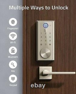 Eufy Smart Door Lock Wi-Fi Fingerprint Keyless Bluetooth Electronic Deadbolt can be translated to: 'Serrure de porte intelligente Eufy avec Wi-Fi, empreinte digitale, sans clé, Bluetooth et verrou électronique à pêne dormant'